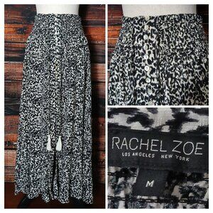 Rachel Zoe Maxi Skirt Size M Hi-Low Smocked Waist Button Front Slit Tassel Tie